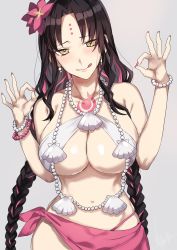 Rule 34 | 1girl, bare shoulders, bikini, black hair, blush, bracelet, braid, breasts, chest tattoo, cleavage, closed mouth, facial mark, fate/grand order, fate (series), flower, forehead mark, hair flower, hair ornament, highres, jewelry, large breasts, licking lips, long hair, looking at viewer, multicolored hair, nail polish, navel, necklace, parted bangs, pearl bracelet, pearl necklace, pink hair, sarong, sessyoin kiara, sessyoin kiara (swimsuit mooncancer), sessyoin kiara (swimsuit mooncancer) (first ascension), shell, shell necklace, shirasu uni, smile, streaked hair, swimsuit, tattoo, thighs, tongue, tongue out, twin braids, very long hair, white bikini, yellow eyes