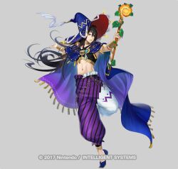 Rule 34 | 1boy, abs, black hair, fire emblem, fire emblem heroes, freestyle18, halloween, halloween costume, hat, headband, holding, holding staff, long hair, male focus, midriff, mini hat, mini witch hat, navel, nintendo, official alternate costume, pants, purple pants, seadall (fire emblem), seadall (halloween) (fire emblem), solo, staff, witch hat