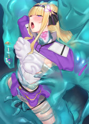 Rule 34 | blonde hair, blunt bangs, blush, headband, highres, magical girl, ohlia, open mouth, original, purple eyes, slime (substance), tattoo, tentacles, tongue, tongue out, wand