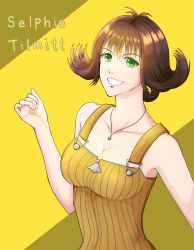 Rule 34 | 1girl, breasts, brown hair, character name, cleavage, daisysan, dress, final fantasy, final fantasy viii, flipped hair, full-length zipper, green eyes, highres, jewelry, looking at viewer, necklace, selphie tilmitt, short hair, simple background, smile, solo, yellow dress, zipper