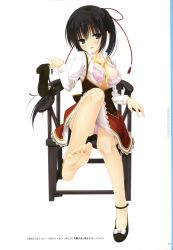 Rule 34 | 1girl, :d, absurdres, amagiri yune, amairo islenauts, arm support, armchair, barefoot, between breasts, black hair, blush, bra, breasts, breasts out, chair, feet, green eyes, hair ribbon, high heels, highres, holding shoe, lace, lace-trimmed bra, lace-trimmed skirt, lace trim, leg lift, leg up, legs, long hair, looking at viewer, medium breasts, muririn, necktie, necktie between breasts, official art, open mouth, panties, pantyshot, pink bra, pink panties, ponytail, red ribbon, ribbon, scan, school uniform, unworn shoe, shoes, unworn shoes, simple background, single shoe, sitting, skirt, smile, soles, solo, toes, underwear, very long hair, white background, yellow necktie