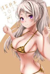 Rule 34 | 2023, animal print, bikini, breasts, brown eyes, collarbone, conte di cavour (kancolle), dated, dress, grey dress, grey hair, kantai collection, large breasts, lips, long hair, looking at viewer, navel, r31harutan, swimsuit, tiger print, two side up, white background, yellow background, yellow bikini