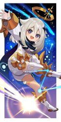 Rule 34 | 1girl, arm up, black sky, blue scarf, blue sky, blush, boots, border, bright pupils, comet, constellation, crystal hair ornament, dress, falling star, flying, genshin impact, grey hair, hair between eyes, hair ornament, halo, highres, leg up, long sleeves, mechanical halo, night, night sky, open mouth, outside border, paimon (genshin impact), purple eyes, purple sky, scarf, short hair, sky, smile, solo, star (sky), starry sky, tongue, white border, white dress, white footwear, white pupils, wide sleeves, yuujin (yuzinn333)