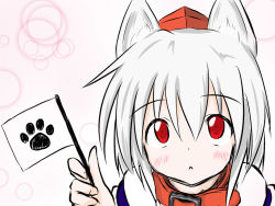 Rule 34 | 1girl, :&lt;, animal ears, blush, collar, flag, hat, holding, inubashiri momiji, looking at viewer, pom pom (clothes), red eyes, short hair, silver hair, solo, taurine 8000mg, tokin hat, touhou, wolf ears