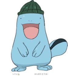Rule 34 | :d, beanie, commentary, creatures (company), full body, game freak, gen 2 pokemon, gigobyte350, green hat, happy, hat, korean text, nintendo, open mouth, pokemon, quagsire, ribbed beanie, simple background, smile, standing, tongue, white background