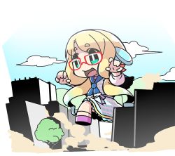 Rule 34 | 1girl, blonde hair, bright pupils, building, chibi, claw pose, cloud, dress, giant, giantess, glasses, gradient hair, green eyes, haruno sora, long hair, long sleeves, moyasiwhite, multicolored hair, open mouth, plaid, red-framed eyewear, skyscraper, smile, solo, stomping, very long hair, vocaloid, voiceroid