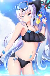 Rule 34 | 1girl, absurdres, beach, bikini, black bikini, black bow, blonde hair, blue bow, blue eyes, blue sky, blue tattoo, blush, bow, bracelet, breasts, closed mouth, cloud, cloudy sky, day, eyewear on head, fate/grand order, fate (series), glasses, grey hair, hair between eyes, hair bow, hair ornament, highres, holding, holding weapon, imoyama 01, jewelry, large breasts, long hair, looking at viewer, morgan le fay (fate), navel, ocean, scythe, side-tie bikini bottom, simple background, sky, smile, solo, standing, sunlight, swimsuit, tattoo, thighhighs, tube, very long hair, water, water gun, weapon
