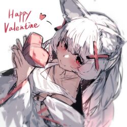 Rule 34 | 1girl, animal ear fluff, animal ears, bare shoulders, blush, closed mouth, commentary request, detached sleeves, dutch angle, fang, fang out, hair ornament, happy valentine, heart, highres, holding, long hair, long sleeves, original, red eyes, simple background, smile, solo, tank top, upper body, white background, white hair, white sleeves, white tank top, wide sleeves, yuuji (yukimimi)