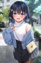 Rule 34 | 1girl, bag, bare shoulders, black hair, black skirt, blue eyes, blue jacket, blush, braid, brown pantyhose, butterfly hair ornament, commentary request, day, hair between eyes, hair ornament, hand up, handbag, heavy breathing, highres, jacket, komori kuzuyu, long sleeves, looking at viewer, open clothes, open jacket, open mouth, original, outdoors, pantyhose, pleated skirt, puffy long sleeves, puffy sleeves, rivier (kuzuyu), shirt, shoulder bag, skirt, sleeveless, sleeveless shirt, sleeves past wrists, solo, sweat, tree, turtleneck shirt, white shirt