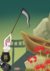 Rule 34 | 2girls, armpits, arms up, bare arms, bare shoulders, boat, breasts, bumping, commentary, flower, gameplay mechanics, getting over it, green hair, hair bobbles, hair ornament, hat, hat ribbon, highres, holding, holding scythe, in pot, jizou, large breasts, midriff, motion blur, multiple girls, name tag, onozuka komachi, parody, pink eyes, pink hair, pot, ribbon, rock, school swimsuit, scythe, shiki eiki, spider lily, sweat, swimsuit, torii, touhou, two side up, watercraft, yassy