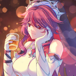 Rule 34 | 1girl, bare shoulders, breasts, commentary request, cup, drinking glass, elbow gloves, genshin impact, gloves, habit, hands up, holding, holding cup, large breasts, long hair, maron star, purple hair, red eyes, rosaria (genshin impact), shirt, solo, upper body, white gloves, white shirt
