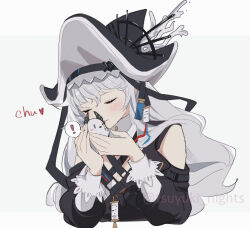 Rule 34 | !, 1girl, animal, animalization, arknights, bare shoulders, black dress, black headwear, closed eyes, commentary, cropped torso, dress, grey hair, hat, heart, irene (arknights), kiss, kissing animal, long hair, long sleeves, romaji text, simple background, smile, specter (arknights), specter the unchained (arknights), spoken exclamation mark, tsuyuki yuki, twitter username, white background, yuri