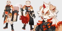 Rule 34 | 1boy, ahonobo, animal ears, arknights, back, baggy pants, bare shoulders, black shirt, brown fur, detached sleeves, dog boy, dog ears, dog tail, fangs, full body, furry, furry male, highres, horns, hung (arknights), looking at viewer, male focus, medium hair, multicolored hair, multiple views, muscular, muscular male, orange eyes, orange hair, pants, pectorals, projected inset, shirt, single horn, sleeveless, sleeveless shirt, smile, streaked hair, tail, two-tone fur, white fur, white hair, white pants, yellow eyes