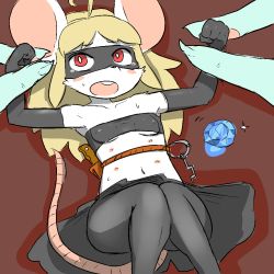 Rule 34 | 1girl, animal ears, black skirt, blonde hair, diamond (gemstone), extra breasts, female focus, furry, furry female, key, mouse (animal), mouse ears, mouse tail, navel, nipples, open mouth, red eyes, scared, simple background, skirt, solo, tail, the amboina