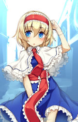 Rule 34 | 1girl, alice margatroid, arm up, bad id, bad pixiv id, blonde hair, blue eyes, capelet, cowboy shot, hair between eyes, hairband, hand up, highres, looking at viewer, necktie, oborofu, open mouth, red necktie, sash, short hair, solo, touhou