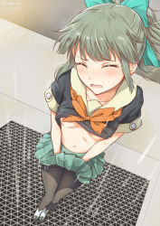 Rule 34 | 10s, 1girl, black pantyhose, blush, bow, breasts, clothes lift, covering privates, covering crotch, closed eyes, grey hair, hair bow, kanden sky, kantai collection, midriff, navel, neckerchief, nipples, no bra, open mouth, pantyhose, pleated skirt, ponytail, revision, school uniform, serafuku, shirt, shirt lift, short sleeves, skirt, skirt lift, small breasts, solo, thighband pantyhose, wind, wind lift, yuubari (kancolle)