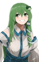 Rule 34 | 1girl, blue skirt, detached sleeves, frog hair ornament, green eyes, green hair, hair ornament, japanese clothes, kochiya sanae, long hair, nontraditional miko, open mouth, shirt, simple background, skirt, sleeveless, sleeveless shirt, smile, snake hair ornament, solo, tebukuro withana, touhou, white background