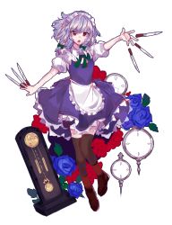 Rule 34 | 1girl, apron, between fingers, black neckwear, blue eyes, blue flower, blue rose, braid, breasts, brown footwear, brown socks, clock, dress, flower, frills, hair between eyes, highres, holding, holding knife, izayoi sakuya, kneehighs, knife, knives between fingers, large breasts, looking to the side, maid, maid apron, maid headdress, medium hair, open clothes, open mouth, puffy short sleeves, puffy sleeves, red dress, rose, sash, short sleeves, sky, socks, solo, touhou, twin braids, user fapn5825, white hair, white sash, wrist cuffs