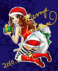 Rule 34 | 10s, 1girl, 2010, bag, bent over, blue eyes, blush, boots, breasts, brown hair, christmas, creatures (company), english text, game freak, gloves, hat, hilda (pokemon), kneeling, long hair, looking back, merry christmas, nintendo, open mouth, pokemon, pokemon bw, ponytail, santa costume, santa hat, shorts, smile, thighhighs