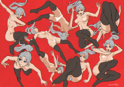 Rule 34 | artist name, blue eyes, censored, covering privates, covering ass, expressions, falling, feet together, floating, from behind, from below, grey hair, heart, heart censor, legs together, magion02, nude, original, panties, ponytail, red background, thighhighs, top-down bottom-up, twisted torso, underwear