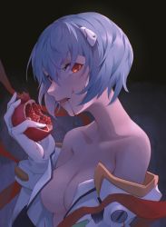 Rule 34 | 1girl, absurdres, ayanami rei, bare shoulders, blue hair, bodysuit, breasts, cleavage, food, fruit, gloves, highres, joeychen, juice, light blue hair, looking at viewer, neon genesis evangelion, open bodysuit, open clothes, partially undressed, plugsuit, pomegranate, red eyes, white gloves, yonic symbol