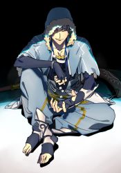 Rule 34 | 1boy, armor, belt, blue hair, bracelet, capelet, closed mouth, collarbone, cu chulainn (caster) (fate), cu chulainn (fate), dice, earrings, fate/grand order, fate (series), full body, fur-trimmed hood, fur trim, greaves, grin, harem pants, highres, hirarego, hood, hood up, hooded capelet, jewelry, crossed legs, long hair, looking at viewer, male focus, pants, red eyes, single vambrace, skin tight, smile, solo, staff, toeless footwear, vambraces, wooden staff