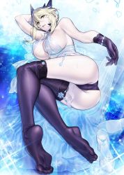 Rule 34 | 1girl, arm behind head, artoria pendragon (fate), artoria pendragon (lancer alter) (fate), artoria pendragon (lancer alter) (royal icing) (fate), azusa (hws), babydoll, bare shoulders, black panties, blonde hair, braid, breasts, choker, commentary request, fate/grand order, fate (series), feet, foreshortening, french braid, gloves, hair between eyes, high heels, jewelry, large breasts, lingerie, looking at viewer, lying, no shoes, official alternate costume, on side, panties, revealing clothes, see-through, sideboob, sidelocks, solo, thighhighs, underwear, yellow eyes