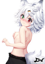 Rule 34 | 1girl, ahoge, animal ears, artist name, blush, breasts, chrisandita, commentary, commission, covering privates, covering breasts, english commentary, fox ears, fox girl, fox tail, from side, green eyes, heterochromia, looking at viewer, medium hair, mixed-language commentary, original, red eyes, short eyebrows, simple background, solo, tail, topless, white background, white hair