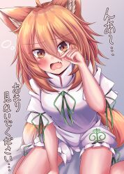 Rule 34 | 1girl, ahoge, animal ears, blush, breasts, commentary request, d:, dot nose, fang, fox ears, fox girl, fox tail, furrowed brow, green ribbon, grey background, hair between eyes, highres, kudamaki tsukasa, looking at viewer, mandarin collar, medium breasts, medium hair, open mouth, orange eyes, orange hair, ribbon, romper, rubbing eyes, short sleeves, simple background, sitting, siw0n, solo, tail, touhou, wariza, white romper