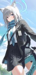 Rule 34 | 1girl, absurdres, animal ear fluff, animal ears, aqua necktie, aqua scarf, bicycle, black jacket, black skirt, blazer, blue archive, blue eyes, blurry, blush, breasts, cross hair ornament, depth of field, grey hair, hair ornament, halo, highres, huhi (huhi 1211), id card, jacket, looking at viewer, mismatched pupils, necktie, outdoors, pleated skirt, scarf, school uniform, shiroko (blue archive), shirt, shirt tucked in, skirt, small breasts, solo, white shirt, wolf ears