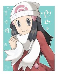 Rule 34 | 1girl, beanie, black hair, border, closed mouth, coat, commentary request, creatures (company), dawn (pokemon), eyelashes, game freak, grey eyes, hair ornament, hairclip, hat, heart, holding, jeri20, long hair, looking at viewer, nintendo, outside border, pokemon, pokemon dppt, pokemon platinum, red coat, scarf, smile, solo, upper body, white border, white hat, winter clothes