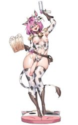 Rule 34 | 1boy, absurdres, animal ears, armpits, belt, bob cut, boots, breast cutout, clothing cutout, collar, condom, condom earrings, cow ears, cow horns, cow print, cow print thighhighs, cow tail, cowbell, crotchless, crotchless leotard, cum, cum in container, cum in cup, epaulettes, flower, gloves, gokkun, hair between eyes, hair flower, hair intakes, hair ornament, hairpin, highres, horns, knee boots, large penis, long eyelashes, naidong (artist), navel cutout, nipples, one eye closed, open mouth, original, penis, penis pump, pink eyes, pink hair, print thighhighs, revealing clothes, riharu (naidong), shiny skin, short hair, smile, tail, testicles, trap, used condom, white background, wink
