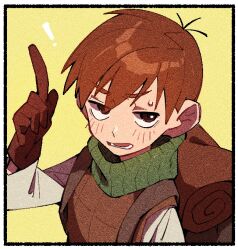 Rule 34 | !, 1boy, armor, backpack, bag, border, brown gloves, brown hair, chilchuck tims, dungeon meshi, from above, gloves, green scarf, halfling, hand up, index finger raised, leather armor, looking at viewer, male focus, nploser, open mouth, scarf, shirt, short hair, simple background, solo, sweatdrop, upper body, white shirt, yellow background