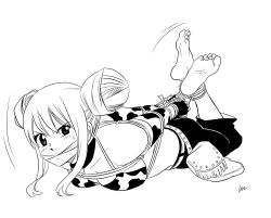 Rule 34 | 1girl, animal print, barefoot, bdsm, bondage, bound, breasts, cleave gag, cloth gag, cow print, double bun, fairy tail, feet, gag, gagged, highres, hogtie, improvised gag, large breasts, looking at viewer, lost one zero, lucy heartfilia, lying, on stomach, sidelocks, simple background, soles, solo, taurus form, toes, white background
