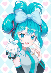 Rule 34 | 1girl, absurdres, argyle, argyle background, argyle clothes, black sleeves, bow, cinnamiku, collared shirt, commentary request, detached sleeves, double bun, ear bow, green eyes, green hair, green necktie, green shirt, hair bow, hair bun, hair ornament, hair up, hand on own face, hatsune miku, heart, heart background, highres, light blush, looking away, necktie, open mouth, patterned background, prock, sanrio, shirt, short hair, sleeveless, sleeveless shirt, smile, solo, vocaloid