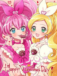 Rule 34 | 2girls, :d, blonde hair, blue eyes, blush, bow, braid, candy, chocolate, chocolate heart, choker, cure melody, cure rhythm, earrings, food, frills, green eyes, hair bow, hair ornament, happy valentine, heart, heart earrings, heart hair ornament, houjou hibiki, jewelry, kagami chihiro, long hair, looking at viewer, magical girl, minamino kanade, mouth hold, multiple girls, open mouth, pink bow, pink hair, pink neckwear, precure, puffy sleeves, ribbon choker, smile, suite precure, twintails, upper body, valentine, white bow, white neckwear, wrist cuffs