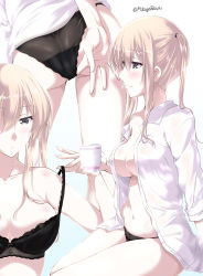 Rule 34 | 1girl, ass, black bra, black panties, blonde hair, blush, bra, breasts, cleavage, cup, graf zeppelin (kancolle), grey eyes, hair between eyes, highres, holding, holding cup, kantai collection, long hair, medium breasts, mikage takashi, multiple views, no bra, no headwear, no pants, open clothes, open shirt, panties, shirt, sidelocks, smile, twintails, twitter username, underwear, white shirt