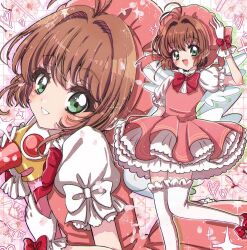 Rule 34 | 1girl, antenna hair, bow, bowtie, brown hair, cardcaptor sakura, dress, feet out of frame, frilled dress, frilled shirt, frills, fuuin no tsue, gloves, green eyes, hat, highres, kinomoto sakura, looking at viewer, magical girl, mob cap, multiple views, parted lips, pink dress, pink headwear, red bow, red bowtie, shinji (udonteishoku), shirt, short hair, thighhighs, upper body, wand, white gloves, white shirt, white thighhighs