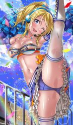 Rule 34 | 1girl, ayase eli, blonde hair, blue eyes, blue skirt, blue sky, boots, breasts, cheering, cheerleader, cleavage, clothes writing, cloud, collarbone, commission, confetti, cross-laced footwear, crotch seam, detached sleeves, frilled skirt, frills, headset, high kick, high ponytail, holding, holding pom poms, kicking, knee boots, lace-up boots, large breasts, leg lift, long hair, looking at viewer, love live!, love live! school idol project, macaroni hourensou, midriff, miniskirt, navel, one eye closed, open mouth, pixiv commission, pom pom (cheerleading), pom poms, skirt, sky, smile, solo, split, standing, standing on one leg, standing split, thighhighs, white footwear, white thighhighs