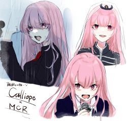 Rule 34 | 1girl, alternate costume, blunt bangs, collared shirt, formal, haruno (hal869 ), highres, holding, holding microphone, hololive, hololive english, looking to the side, microphone, mori calliope, multiple views, music, my chemical romance, open mouth, pink eyes, pink hair, rain, red neckwear, shirt, singing, suit, tiara, veil, virtual youtuber