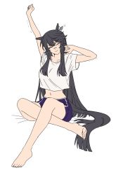 Rule 34 | 1girl, absurdres, afterimage, animal ears, arm up, bandaid, bandaid on face, bandaid on nose, barefoot, black hair, closed eyes, closed mouth, crossed legs, ear wiggle, full body, highres, horse ears, horse girl, horse tail, long hair, motion lines, narita brian (umamusume), navel, purple shorts, shirt, shirt overhang, short sleeves, shorts, simple background, sitting, solo, speed lines, stretching, tail, umamusume, unneul, white background, white shirt