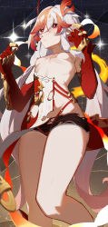 Rule 34 | 1girl, absurdres, animal hands, bare shoulders, black shorts, breasts, chinese clothes, claws, closed mouth, commentary request, cowboy shot, detached sleeves, dress, elbow gloves, eyeliner, fire, fu hua, fu hua (garuda), gloves, hair between eyes, hands up, highres, honkai (series), honkai impact 3rd, jinjide shaonian, long hair, looking at viewer, low-tied long hair, low twintails, makeup, midriff, multicolored hair, nipples, red eyeliner, red eyes, red gloves, red hair, red rope, red scales, rope, short shorts, shorts, small breasts, solo, sparkle, standing, streaked hair, symbol-shaped pupils, thighs, torn clothes, torn shorts, twintails, two-tone hair, very long hair, white hair, yellow pupils
