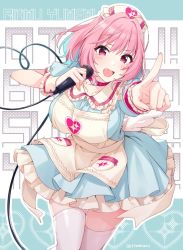 Rule 34 | 1girl, ahoge, angel wings, apron, blue background, blue dress, blush, breasts, character name, choker, collar, collarbone, collared dress, dress, fake wings, fang, fingernails, foreshortening, frilled apron, frilled collar, frills, hair intakes, hands up, hat, heart, heart background, heart print, holding, holding microphone, idolmaster, idolmaster cinderella girls, index finger raised, large breasts, looking at viewer, microphone, multicolored hair, nurse cap, open mouth, outstretched arm, petticoat, pink choker, pink eyes, pink hair, pocket, puffy short sleeves, puffy sleeves, short hair, short sleeves, solo, sparkle background, sparkle print, standing, tareme, tearing up, thighhighs, thighs, tomari (veryberry00), tongue, twitter username, two-tone hair, white apron, white background, white thighhighs, wings, wrist cuffs, yumemi riamu, zipper, zipper pull tab