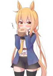 Rule 34 | 1girl, animal ears, baumkuchen, black sailor collar, black skirt, black thighhighs, blonde hair, blue jacket, cake, commentary request, cowboy shot, eating, food, highres, horse ears, horse tail, jacket, kantai collection, kemonomimi mode, long hair, navel, necktie, nepty (silkey vod), sailor collar, satsuki (kancolle), satsuki kai ni (kancolle), shirt, simple background, skirt, solo, tail, thighhighs, twintails, white background, white shirt, yellow necktie