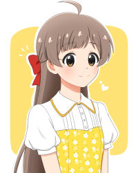 Rule 34 | 1girl, ahoge, blush, bow, brown eyes, brown hair, closed mouth, commentary request, hair bow, hakozaki serika, half updo, hanyu (17602828), heart, highres, idolmaster, idolmaster million live!, long hair, looking at viewer, notice lines, one side up, puffy short sleeves, puffy sleeves, red bow, short sleeves, smile, solo