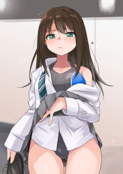 Rule 34 | 1girl, brown hair, closed mouth, clothes lift, collared shirt, competition swimsuit, dress shirt, green eyes, green necktie, grey one-piece swimsuit, grey skirt, highleg, highleg swimsuit, highres, idolmaster, lifting own clothes, long hair, long sleeves, looking at viewer, necktie, one-piece swimsuit, pleated skirt, school uniform, shibuya rin, shirt, skirt, skirt lift, solo, swimsuit, swimsuit under clothes, white shirt, yuuichi (reductionblack)