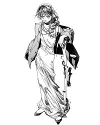 Rule 34 | 1girl, braid, breasts, chae 88in, cigarette, dress, flats, full body, greyscale, gun, hair over shoulder, hand in pocket, headphones, highres, jacket, jewelry, long dress, long hair, long sleeves, looking at viewer, monochrome, necklace, open clothes, open jacket, original, pearl necklace, rifle, simple background, small breasts, sniper rifle, solo, standing, weapon, white background