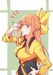 Rule 34 | 1girl, bow, chiyoganemaru (tenka hyakken), closed mouth, collared shirt, hand in own hair, hand on own hip, hand up, long hair, long sleeves, looking at viewer, motion lines, notice lines, orange eyes, orange hair, shirt, simple background, solo, tenka hyakken, tominofujin, upper body, yellow bow, yellow shirt
