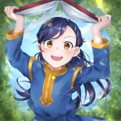 Rule 34 | 1girl, :d, arms up, bad id, bad pixiv id, blue hair, blue robe, blush, book, brown eyes, day, gold trim, hair ornament, hair stick, highres, honzuki no gekokujou, long hair, myne (honzuki no gekokujou), nagitsuji, open book, open mouth, outdoors, robe, smile, solo, twitter username