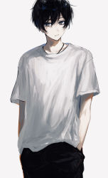 Rule 34 | 1boy, absurdres, black hair, brown eyes, grey background, hands in pockets, highres, looking at viewer, male focus, open mouth, original, shirt, short hair, solo, suechimu, white shirt